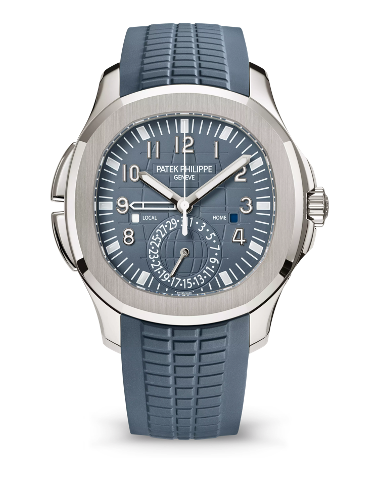 Official Patek Philippe Aquanaut Travel Time 5164G-001, opaline blue-gray dial