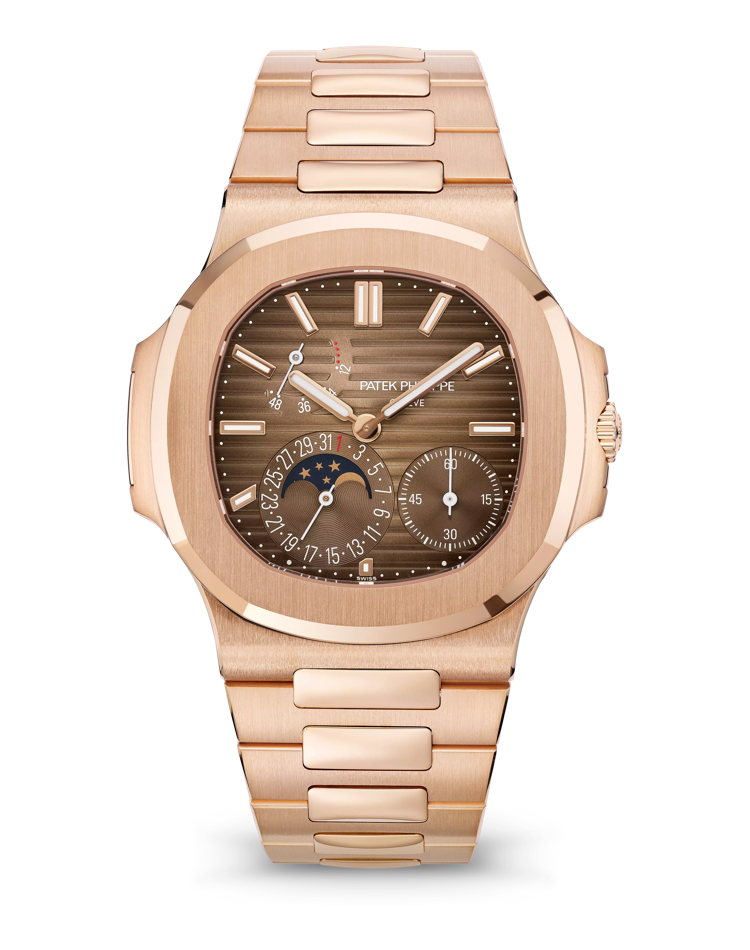 Official Patek Philippe Nautilus Moon Phases 5712/1R-001, sunburst brown with black-gradient rim dial