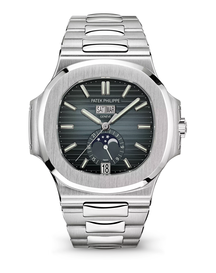 Official Patek Philippe Nautilus Annual Calendar 5726/1A-014, sunburst blue-gray with black-gradient rim dial