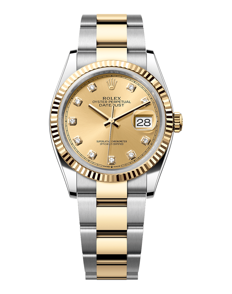 Official Rolex Datejust 36 126233, champagne-colour set with diamonds dial