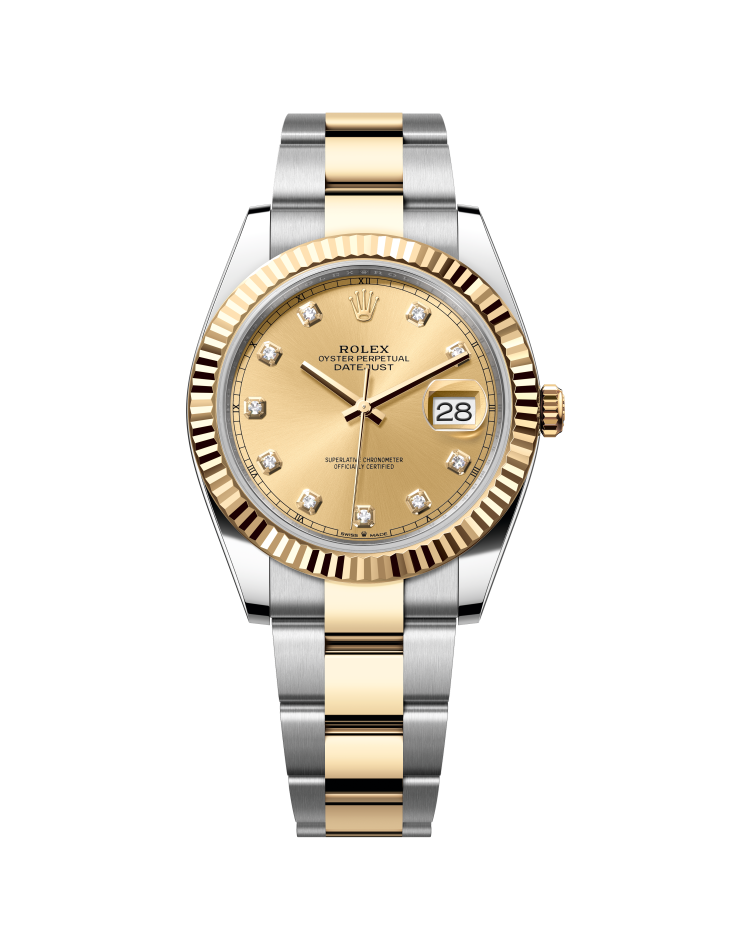 Official Rolex Datejust 41 126333, Champagne-colour set with diamonds dial, Oyster, three-piece solid links